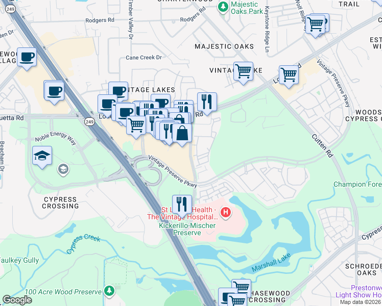 map of restaurants, bars, coffee shops, grocery stores, and more near 19949 Chasewood Park Drive in Houston