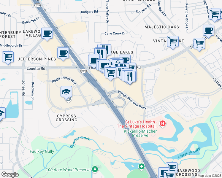 map of restaurants, bars, coffee shops, grocery stores, and more near 14221 Vintage Preserve Parkway in Houston