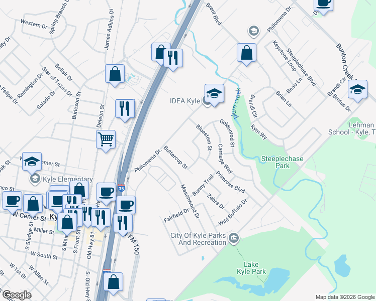 map of restaurants, bars, coffee shops, grocery stores, and more near 145 Meadowlark Lane in Kyle