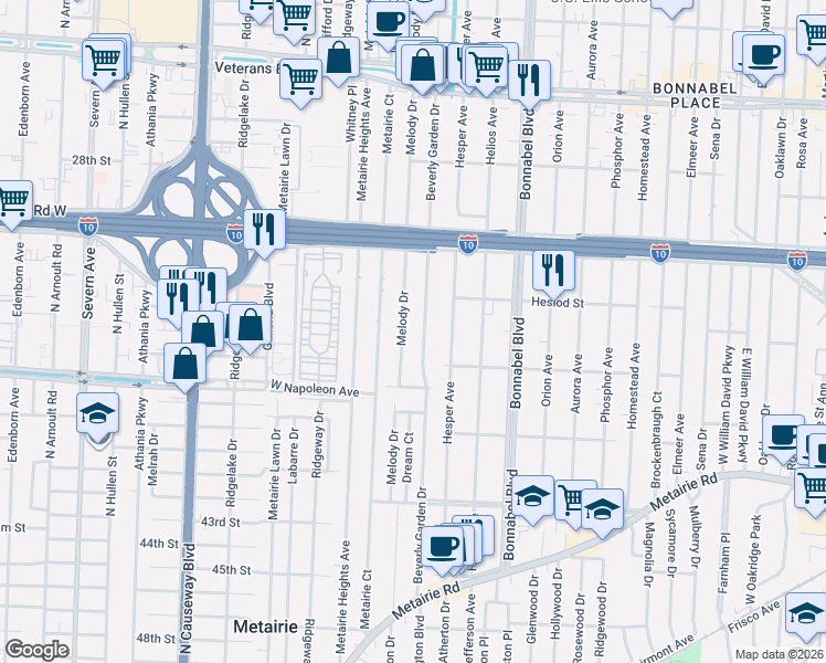 map of restaurants, bars, coffee shops, grocery stores, and more near 428 Beverly Garden Drive in Metairie