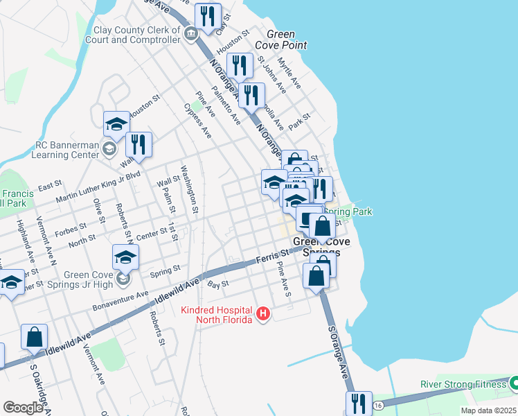 map of restaurants, bars, coffee shops, grocery stores, and more near 160 Cypress Avenue North in Green Cove Springs
