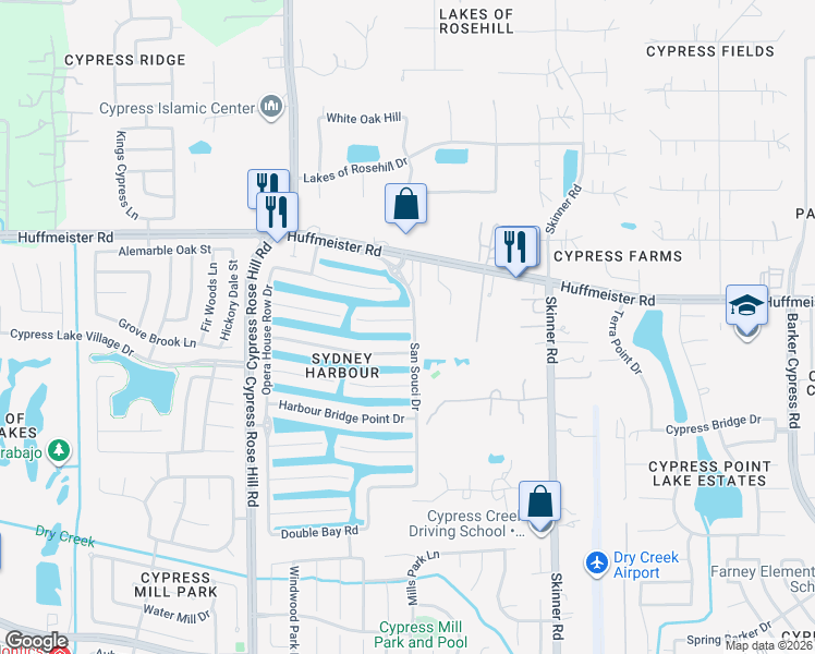 map of restaurants, bars, coffee shops, grocery stores, and more near 17803 Folly Point Drive in Harris County
