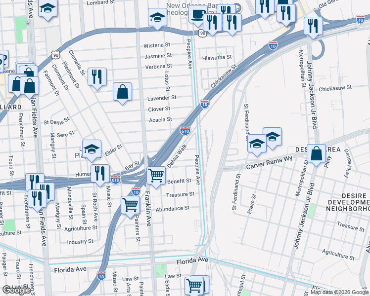 map of restaurants, bars, coffee shops, grocery stores, and more near 2755 Sage Street in New Orleans