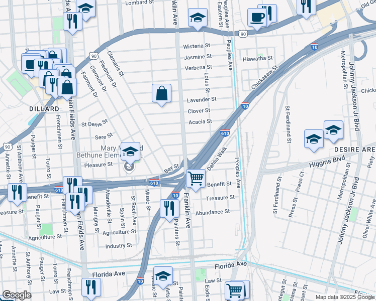 map of restaurants, bars, coffee shops, grocery stores, and more near 3405 Franklin Avenue in New Orleans