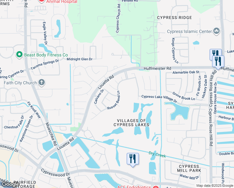 map of restaurants, bars, coffee shops, grocery stores, and more near 19002 Sweet Springs Lane in Cypress