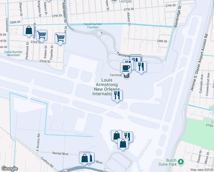 map of restaurants, bars, coffee shops, grocery stores, and more near 1 Terminal Drive in Kenner