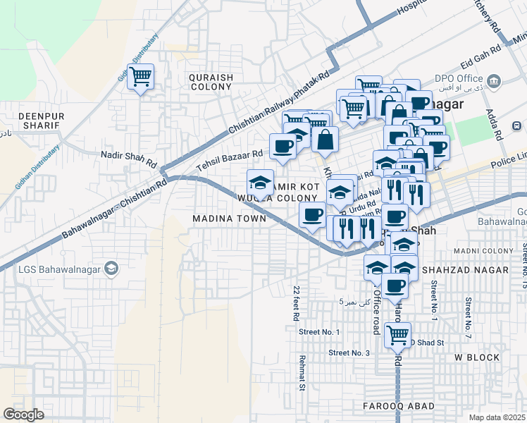 map of restaurants, bars, coffee shops, grocery stores, and more near Chishtian Road in Bahawalnagar District