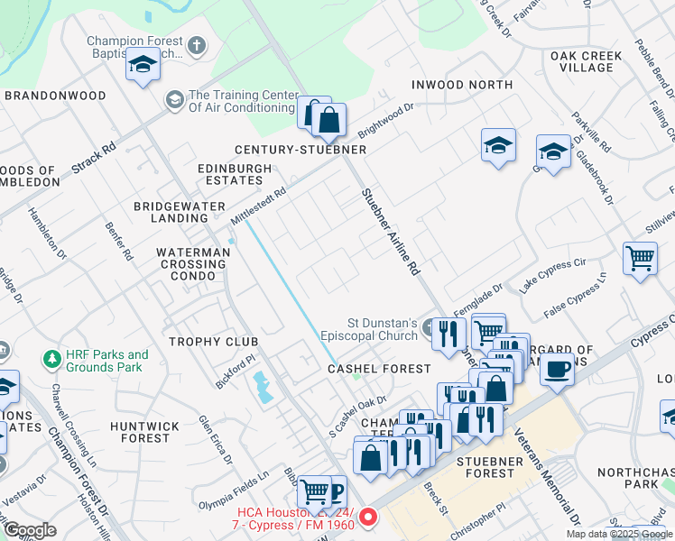 map of restaurants, bars, coffee shops, grocery stores, and more near 14441 Stuebner Airline Road in Houston