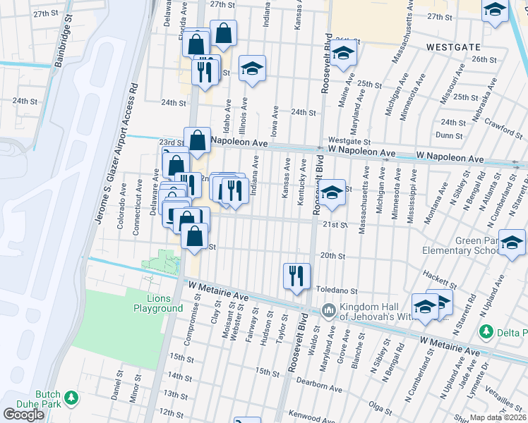 map of restaurants, bars, coffee shops, grocery stores, and more near 2105 Iowa Avenue in Kenner