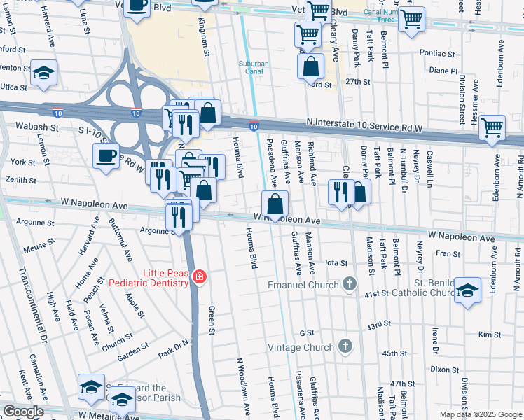 map of restaurants, bars, coffee shops, grocery stores, and more near 4204 Eureka Street in Metairie