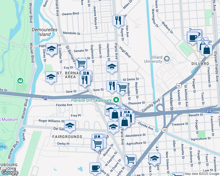 map of restaurants, bars, coffee shops, grocery stores, and more near 3602 Hamburg Street in New Orleans