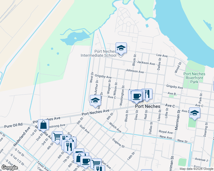 map of restaurants, bars, coffee shops, grocery stores, and more near 1030 Wagner Street in Port Neches