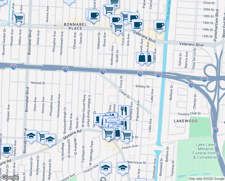 map of restaurants, bars, coffee shops, grocery stores, and more near 800 Rue Rampart in Metairie