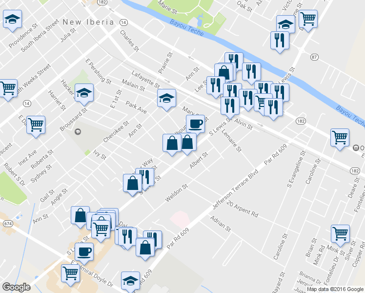 map of restaurants, bars, coffee shops, grocery stores, and more near 1204 Park Avenue in New Iberia