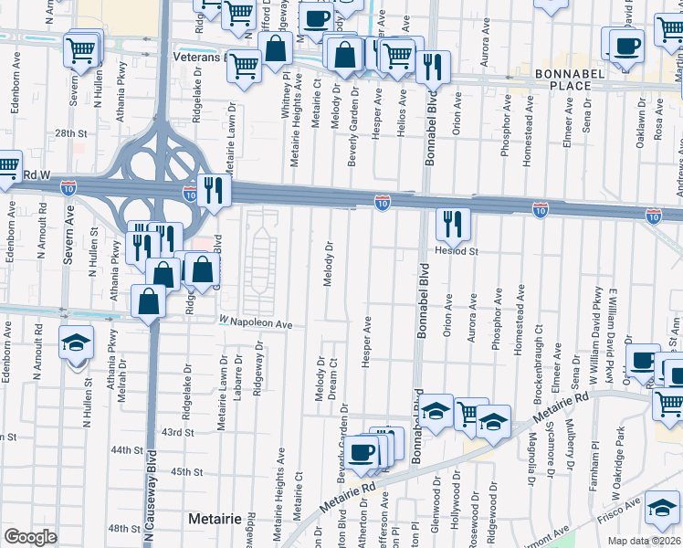 map of restaurants, bars, coffee shops, grocery stores, and more near 428 Beverly Garden Drive in Metairie