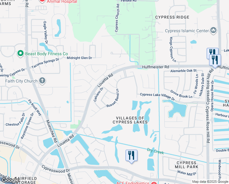 map of restaurants, bars, coffee shops, grocery stores, and more near 19002 Sweet Springs Lane in Cypress