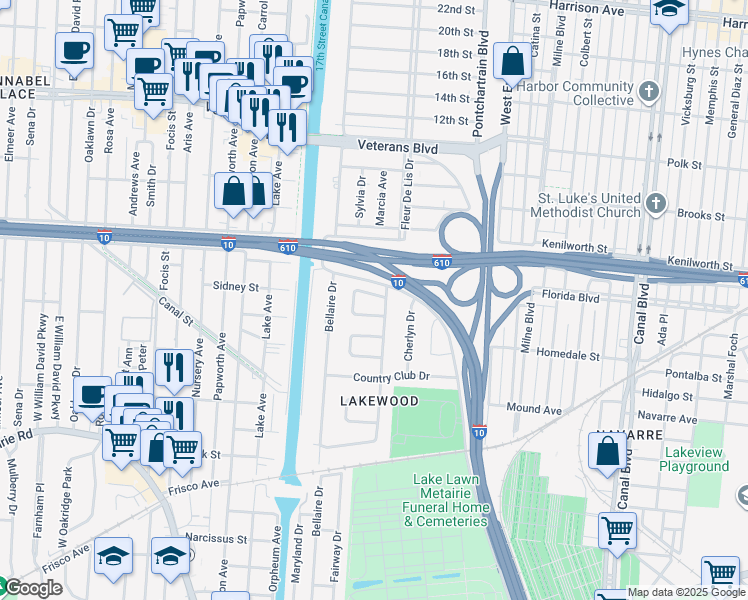map of restaurants, bars, coffee shops, grocery stores, and more near 5659 Marcia Avenue in New Orleans