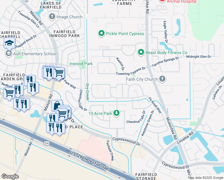 map of restaurants, bars, coffee shops, grocery stores, and more near 14918 Rustler Gate Lane in Harris County