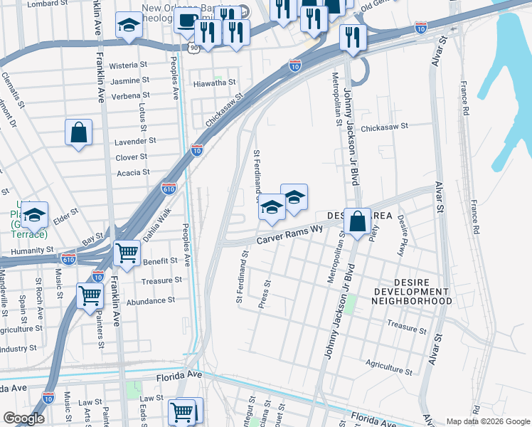 map of restaurants, bars, coffee shops, grocery stores, and more near 2757 Edna Street in New Orleans