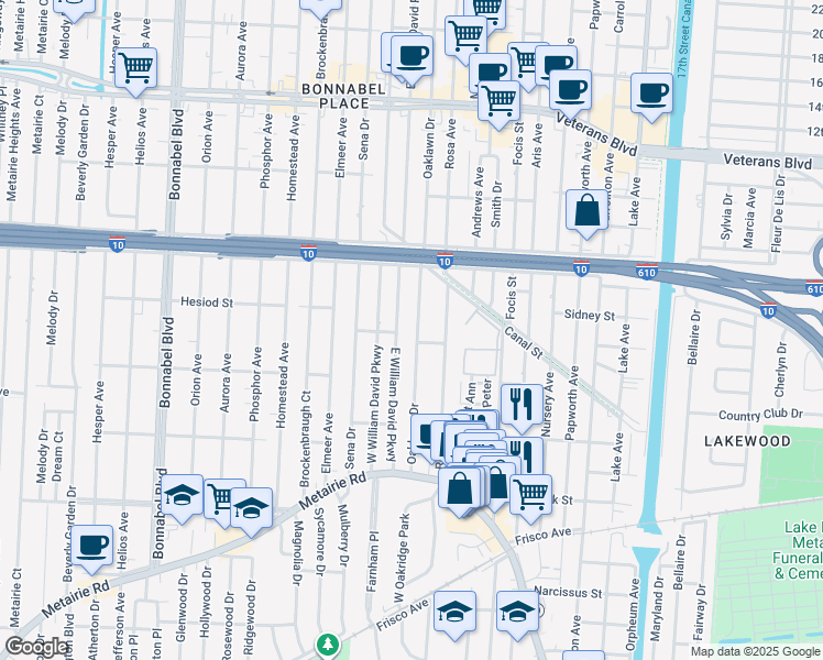 map of restaurants, bars, coffee shops, grocery stores, and more near 72 Oaklawn Drive in Metairie