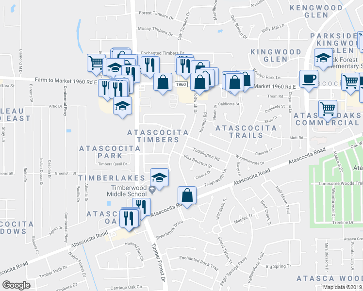 map of restaurants, bars, coffee shops, grocery stores, and more near 18815 Droitwich Drive in Humble
