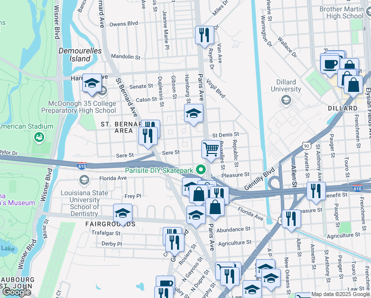 map of restaurants, bars, coffee shops, grocery stores, and more near 1527 Sere Street in New Orleans