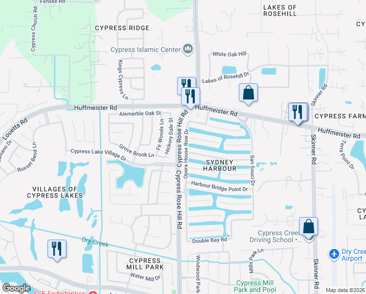 map of restaurants, bars, coffee shops, grocery stores, and more near 15411 Opera House Row Drive in Cypress
