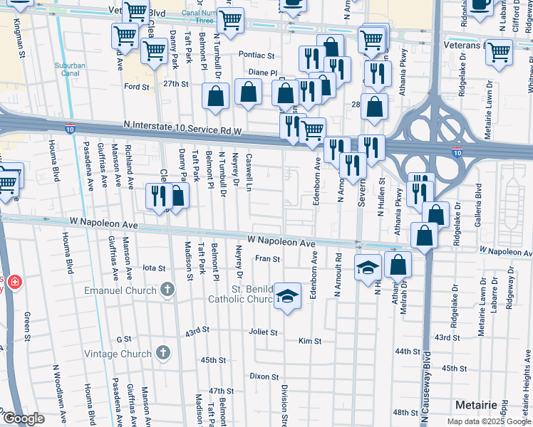 map of restaurants, bars, coffee shops, grocery stores, and more near 3709 Canterbury Lane in Metairie