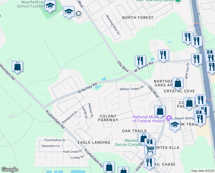 map of restaurants, bars, coffee shops, grocery stores, and more near 15815 Ella Boulevard in Houston