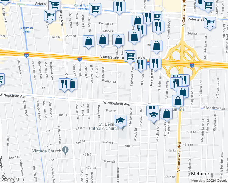 map of restaurants, bars, coffee shops, grocery stores, and more near 3709 Canterbury Lane in Metairie