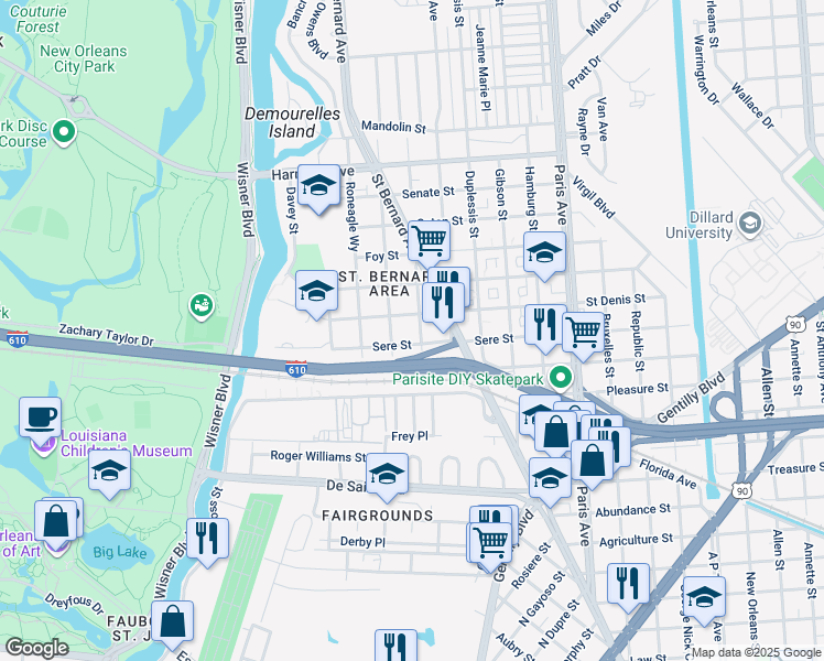 map of restaurants, bars, coffee shops, grocery stores, and more near 3622 Alfred St in New Orleans