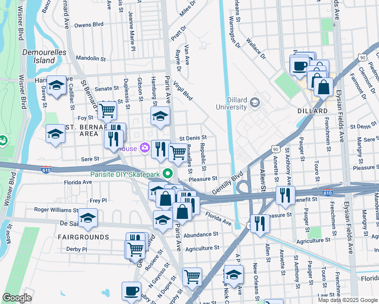 map of restaurants, bars, coffee shops, grocery stores, and more near 1642 Sere Street in New Orleans