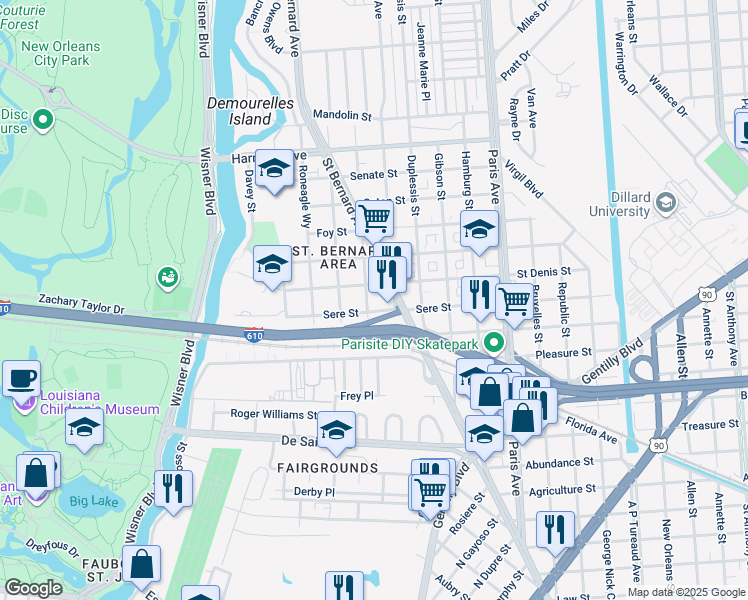 map of restaurants, bars, coffee shops, grocery stores, and more near 3622 Alfred Street in New Orleans