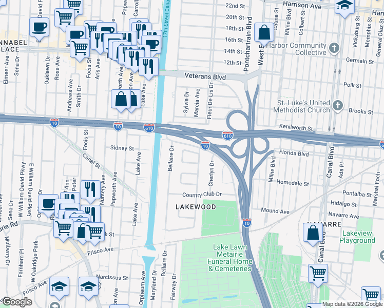 map of restaurants, bars, coffee shops, grocery stores, and more near 5659 Marcia Avenue in New Orleans