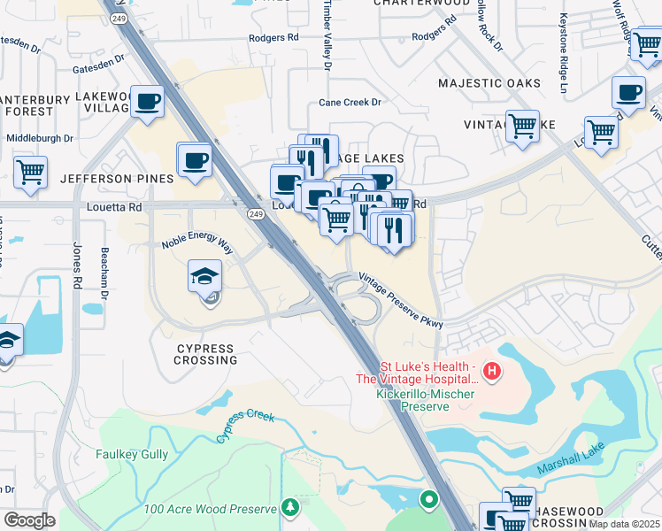 map of restaurants, bars, coffee shops, grocery stores, and more near 14221 Vintage Preserve Parkway in Houston