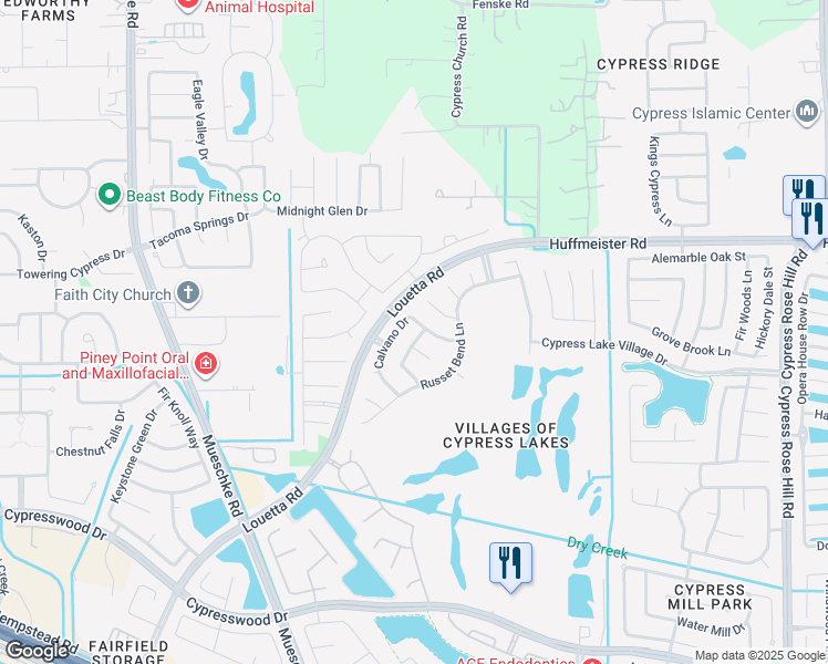 map of restaurants, bars, coffee shops, grocery stores, and more near 19027 Sweet Springs Lane in Cypress
