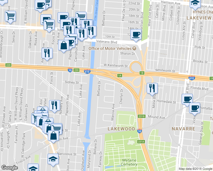 map of restaurants, bars, coffee shops, grocery stores, and more near 5669 Evelyn Court in New Orleans