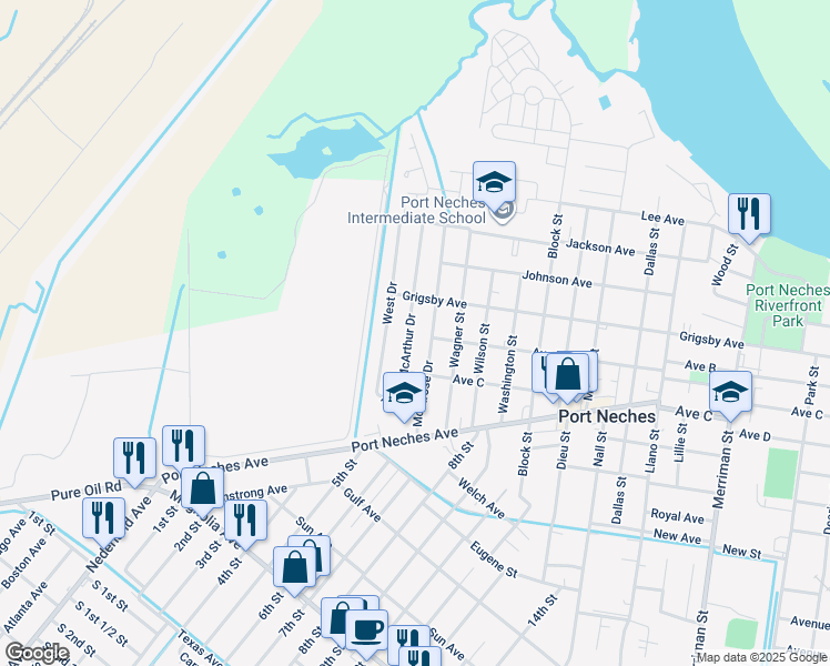 map of restaurants, bars, coffee shops, grocery stores, and more near 1029 McArthur Drive in Port Neches
