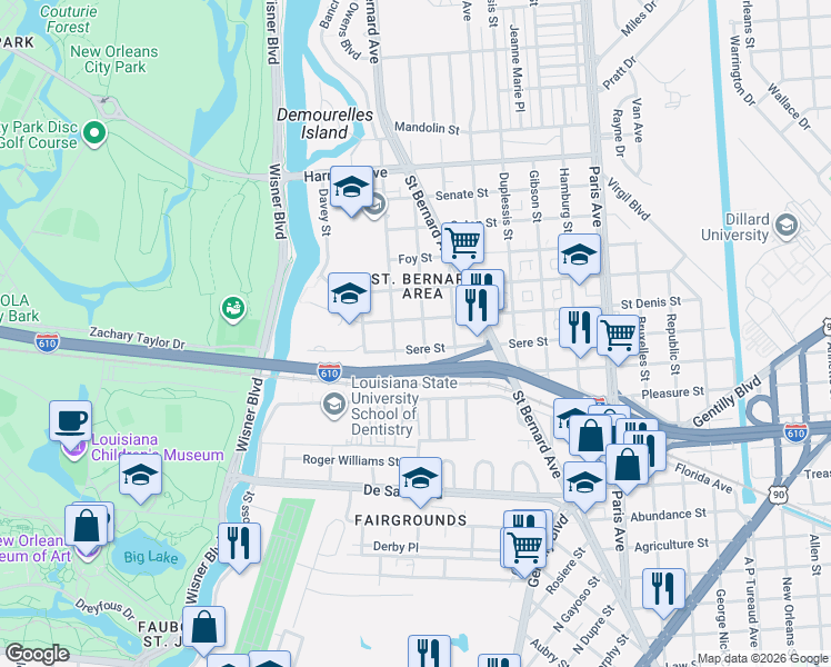 map of restaurants, bars, coffee shops, grocery stores, and more near 3618 Buchanan Street in New Orleans