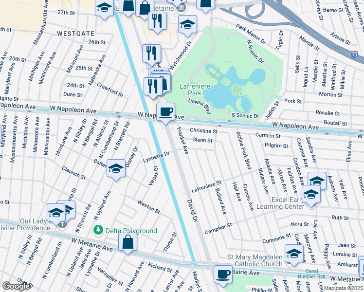 map of restaurants, bars, coffee shops, grocery stores, and more near 2000 Frankel Avenue in Metairie