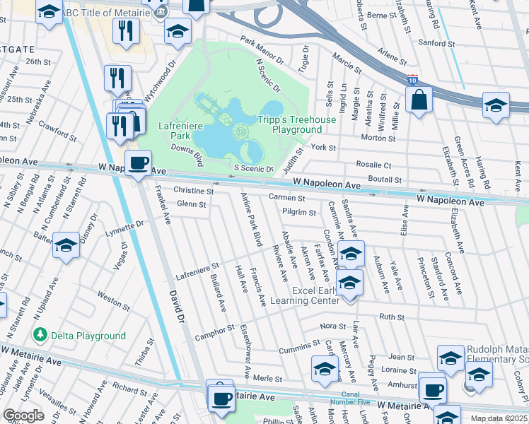 map of restaurants, bars, coffee shops, grocery stores, and more near 2100 Riviere Avenue in Metairie