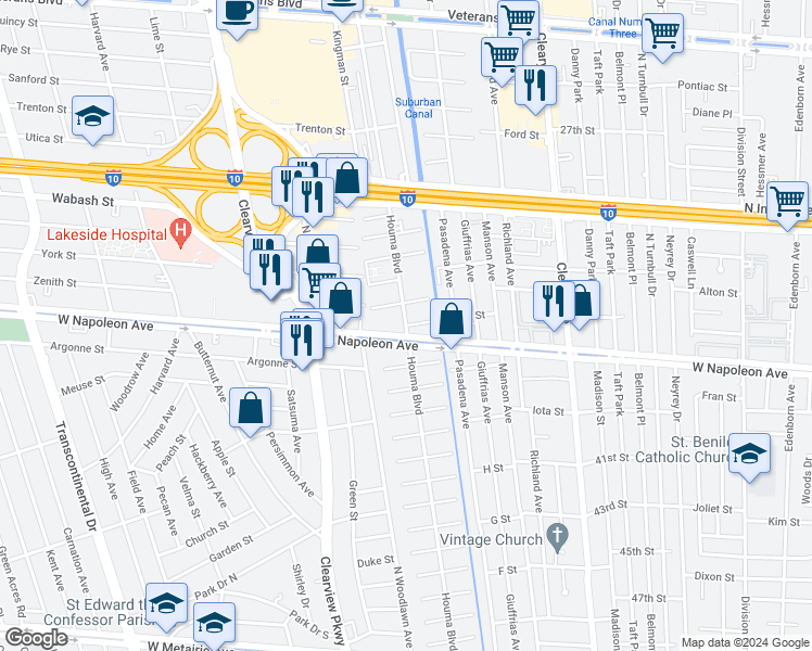 map of restaurants, bars, coffee shops, grocery stores, and more near 2224 Houma Boulevard in Metairie