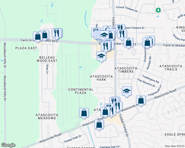 map of restaurants, bars, coffee shops, grocery stores, and more near 18715 Timbers Edge Drive in Humble