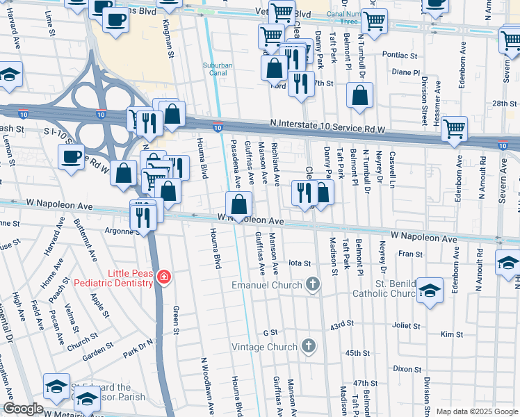 map of restaurants, bars, coffee shops, grocery stores, and more near 2109 Manson Avenue in Metairie