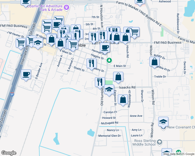 map of restaurants, bars, coffee shops, grocery stores, and more near 818 Staitti Street in Humble