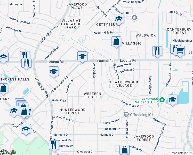 map of restaurants, bars, coffee shops, grocery stores, and more near 15114 Long Oak Drive in Houston