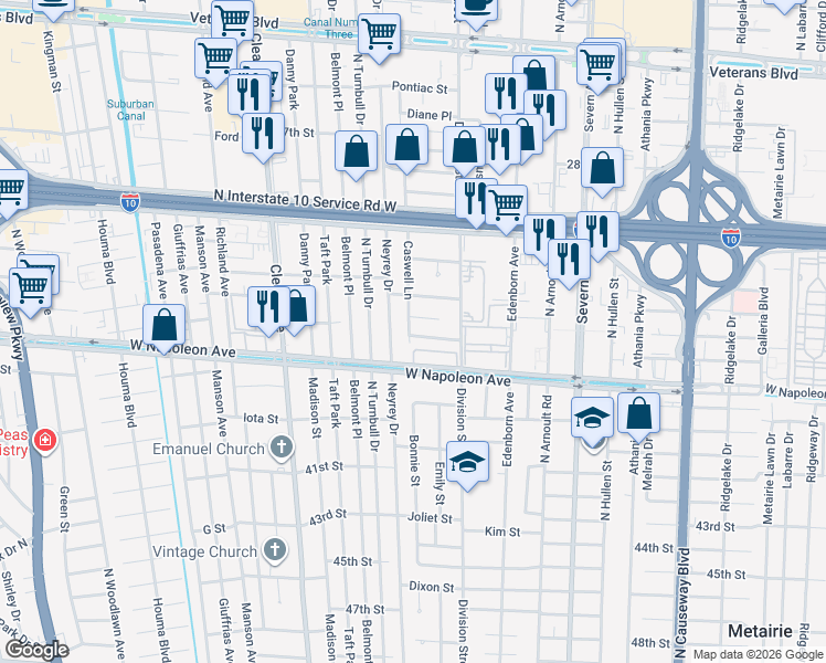 map of restaurants, bars, coffee shops, grocery stores, and more near 3815 Canterbury Lane in Metairie