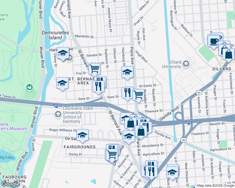 map of restaurants, bars, coffee shops, grocery stores, and more near 3630 Gibson Street in New Orleans