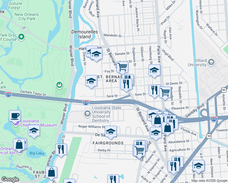 map of restaurants, bars, coffee shops, grocery stores, and more near 3622 Alfred Street in New Orleans