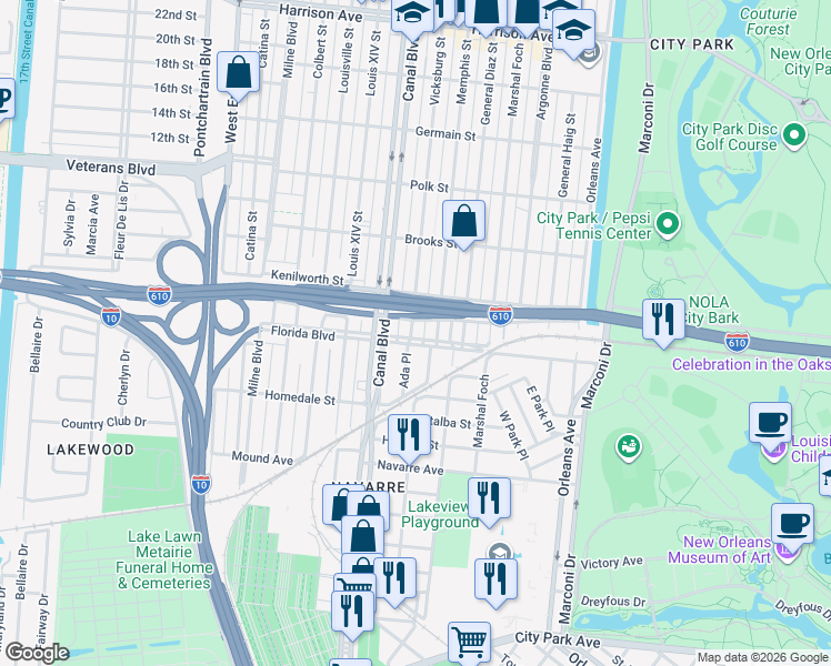 map of restaurants, bars, coffee shops, grocery stores, and more near 5701 Vicksburg Street in New Orleans